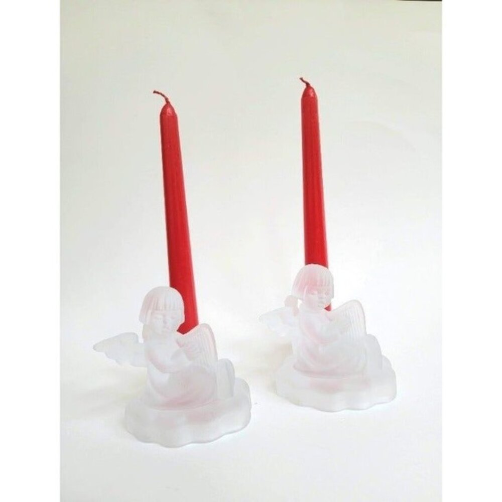Vintage Set 2 Avon MJ Hummel Frosted Lead Crystal Angel Taper Candle Holder 1995